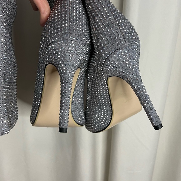 Silver Rhinestone Stiletto Women's Knee-High Boots - Picture 6 of 14